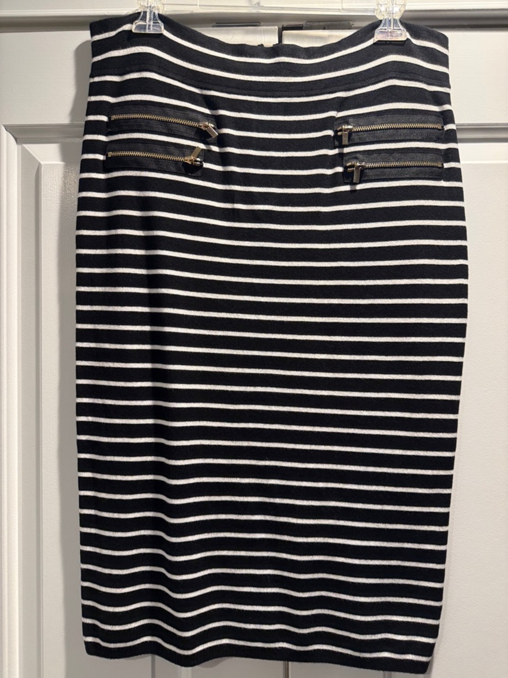 Cache Black and White Striped Pencil Skirt with Zip Accents